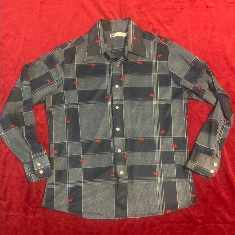 Vintage 70s Medici Navy Blue/Grey Check Plaid Shirt with Red Frogs Size 16.5